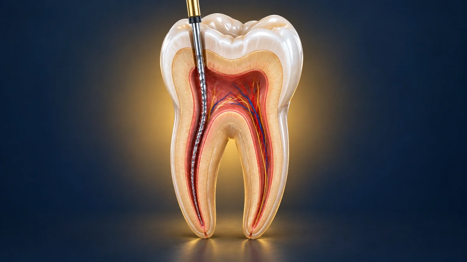 3D cut-away view of a back tooth with a fine dental file cleaning the root canal inside, on a dark navy background with a warm gold glow.