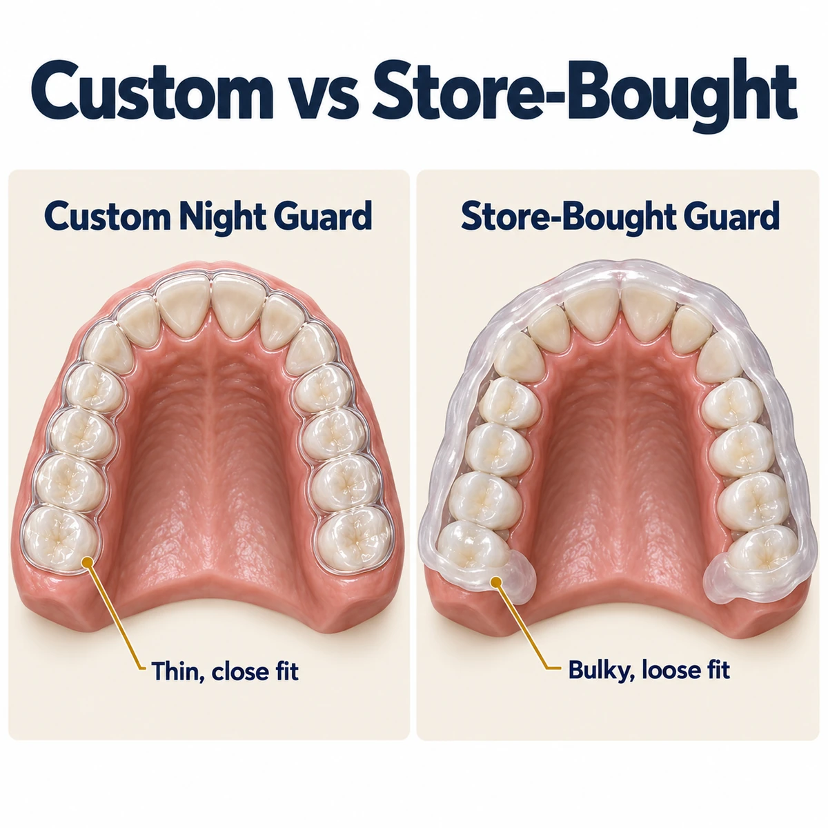 Two views of the upper teeth under the title Custom vs Store-Bought. On the left a thin clear custom night guard fits closely over the teeth, labelled Thin, close fit. On the right a thick store-bought guard sits loosely around the teeth, labelled Bulky, loose fit.