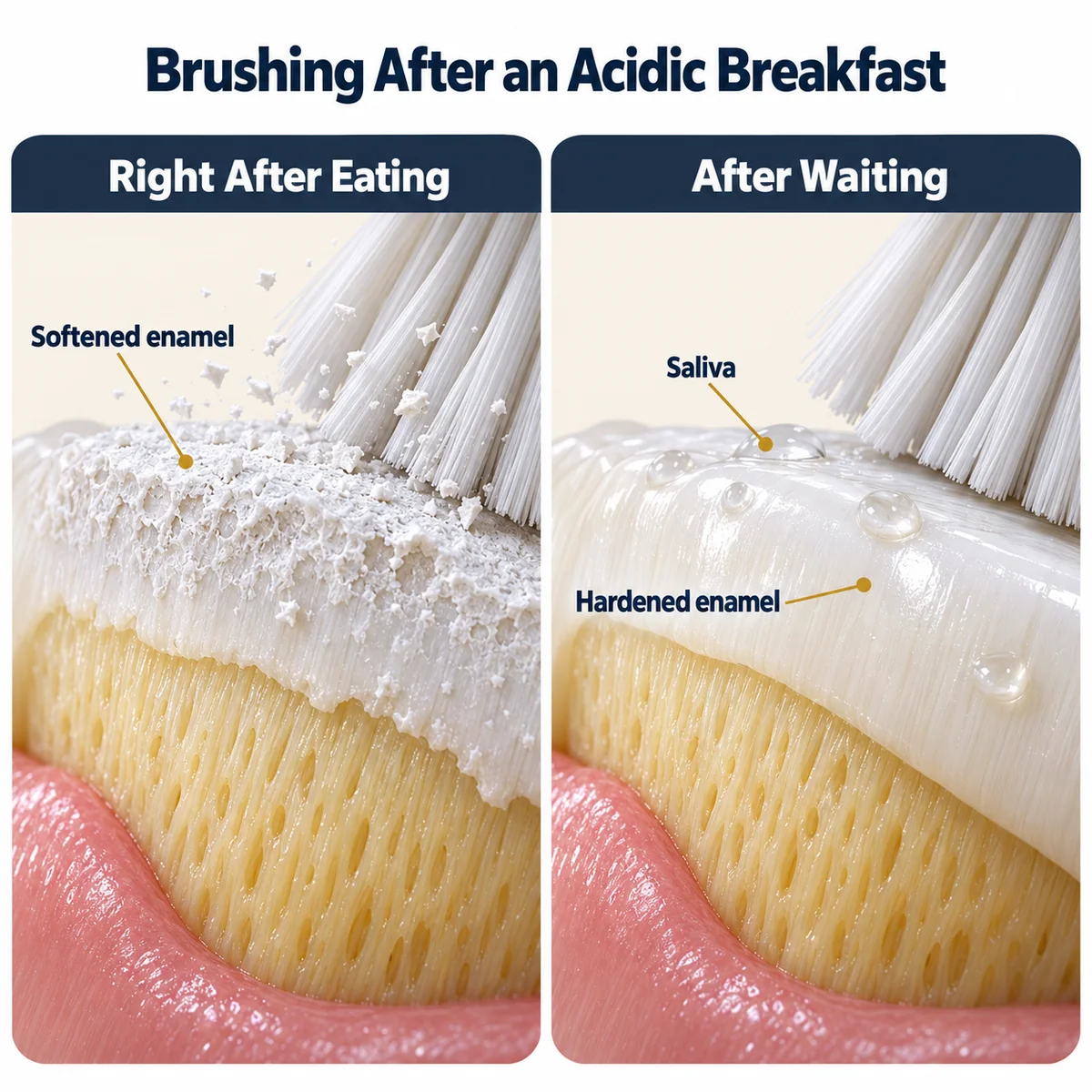 Split comparison titled Brushing After an Acidic Breakfast with two magnified cross-sections of a tooth surface, white enamel over yellow dentin above pink gum, under toothbrush bristles: the left panel headed Right After Eating shows a chalky, rough top layer with white flecks being brushed off, labelled Softened enamel, and the right panel headed After Waiting shows smooth glossy enamel with clear droplets, labelled Saliva and Hardened enamel