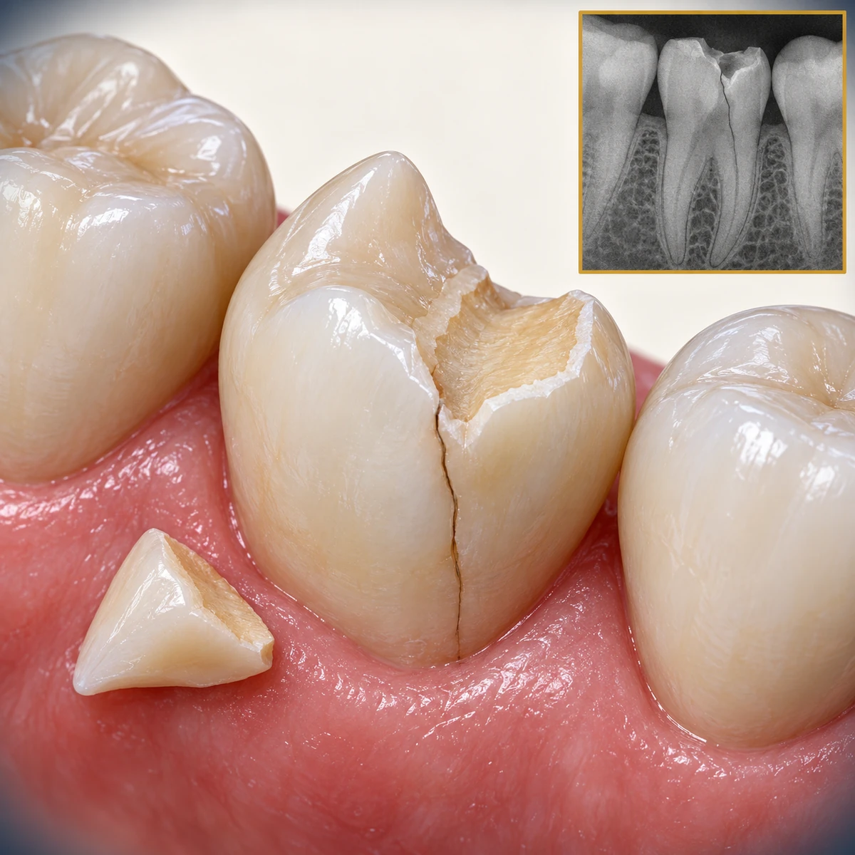 Close view of a back tooth in pink gum with one cusp broken off, showing cream dentin at the break, a thin dark crack line running down toward the gum and the broken piece lying on the gum beside it, with a gold framed grey x-ray inset of a cracked tooth between its neighbours