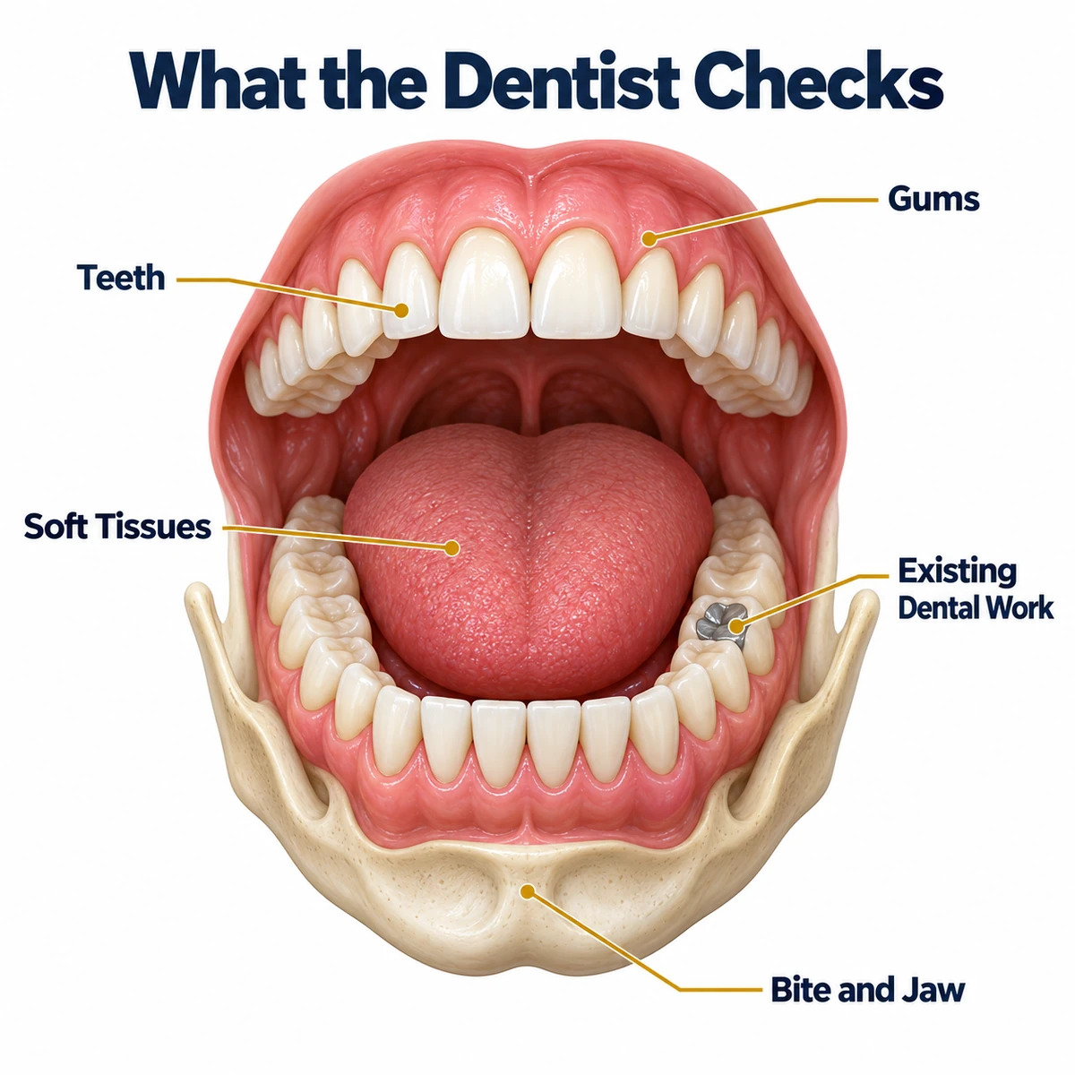 What the Dentist Checks diagram of an open mouth with leader lines labelled Teeth, Gums, Bite and Jaw, Existing Dental Work and Soft Tissues.
