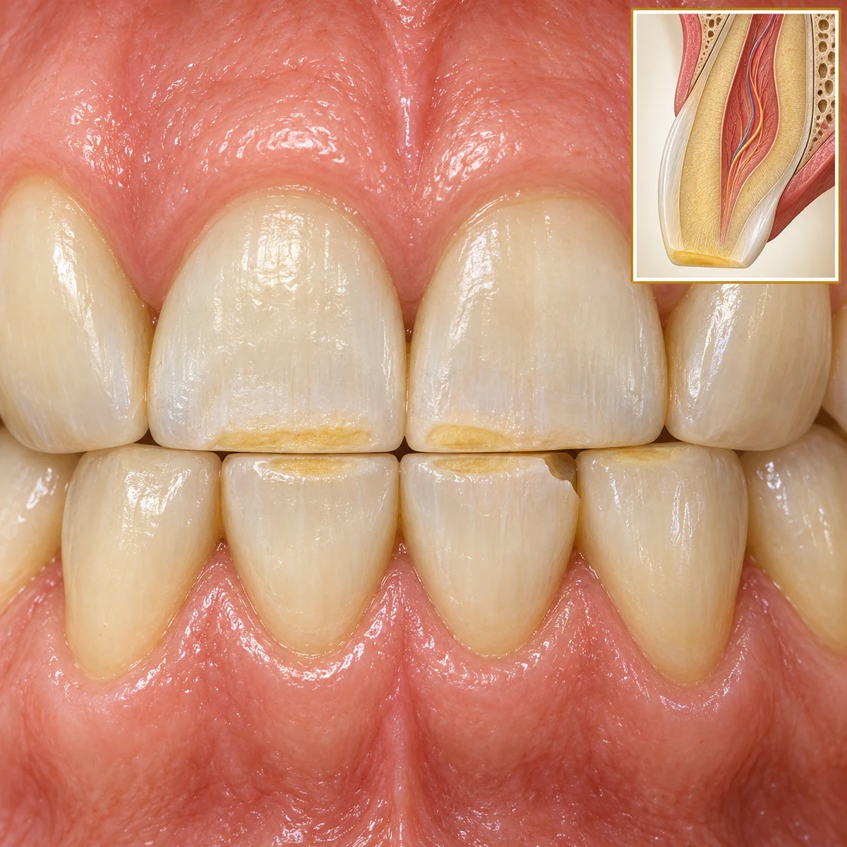 Straight-on close view of upper and lower front teeth in pink gum meeting edge to edge, the biting edges flattened with small yellow spots of exposed dentin and a small chip at the corner of one lower incisor, with a framed inset at the top right showing a cross-section of a worn incisor with its flat biting edge, the yellow dentin and the pulp inside