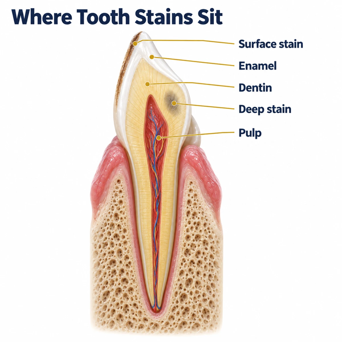 Diagram titled Where Tooth Stains Sit showing a front tooth cut in half lengthwise in pink gum and porous jawbone, with a brown film on the outer front surface and a grey patch inside the yellow dentin, and gold leader lines to the labels Surface stain, Enamel, Dentin, Deep stain and Pulp