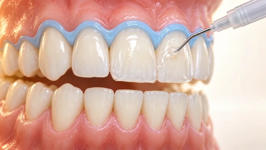 Close front view of upper and lower front teeth in pink gum with the jaws slightly apart, a light blue protective barrier along the upper gum line, and a fine syringe tip at the upper right placing a bead of clear gel on one upper tooth, on a light cream background