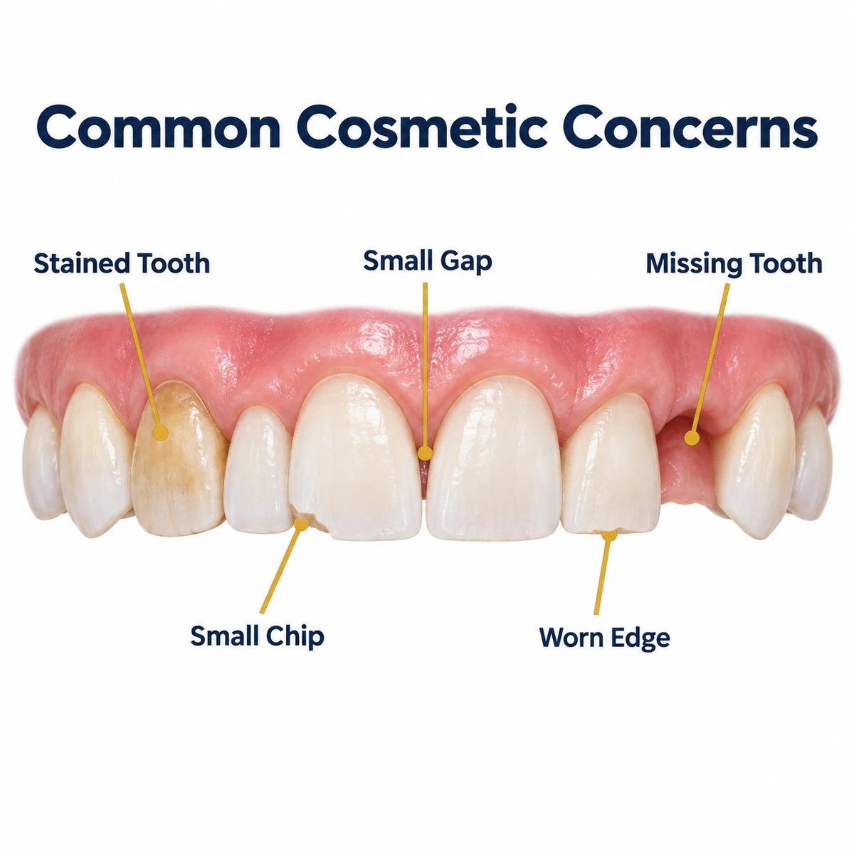Diagram titled Common Cosmetic Concerns: a front-view row of upper teeth with leader lines to labels reading Stained Tooth, Small Chip, Small Gap, Worn Edge and Missing Tooth, on a white background.