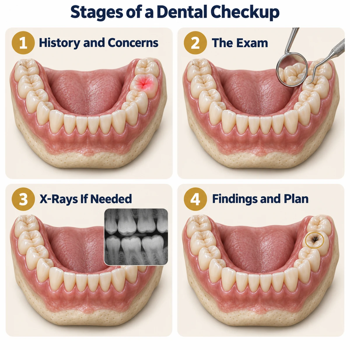 Stages of a Dental Checkup infographic with four numbered cream panels of a lower dental arch: 1 History and Concerns, one molar glowing red at a sensitive spot; 2 The Exam, a mirror and probe checking a molar; 3 X-Rays If Needed, a bitewing x-ray of the back teeth; 4 Findings and Plan, a small cavity circled in gold.