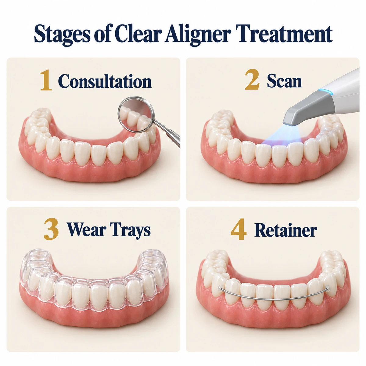 Four-panel infographic titled Stages of Clear Aligner Treatment: 1 Consultation with a small mirror, 2 Scan with a scanner wand, 3 Wear Trays with a clear tray over the teeth, 4 Retainer on a straight tooth row, on a white background.