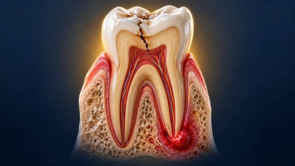 3D cut-away view of a molar with a crack running through the enamel and a red inflamed area at the root, on a dark navy background with a warm gold glow.