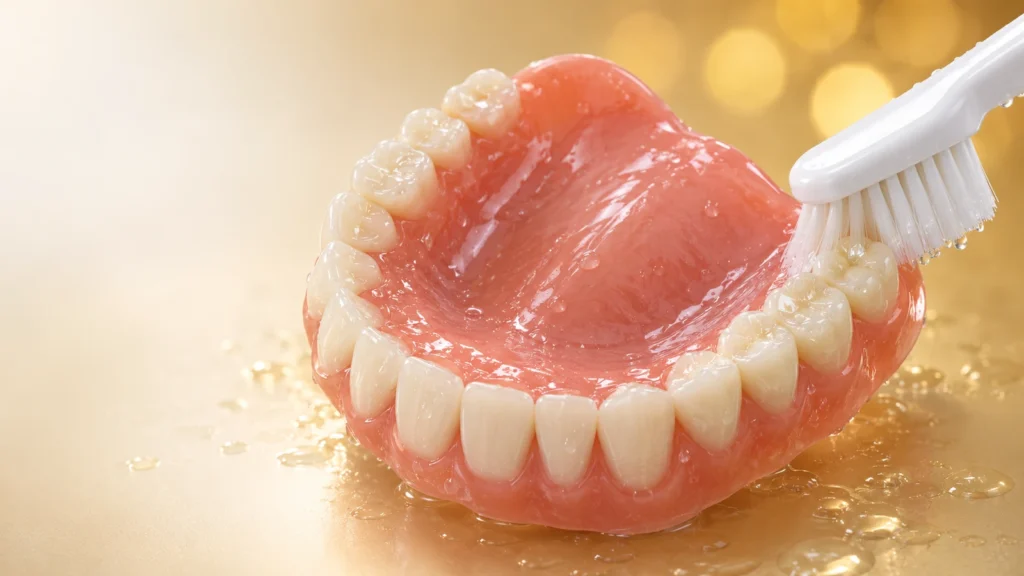 Complete upper denture with white teeth in a glossy pink acrylic base, seen from slightly above, with a soft white denture brush cleaning the back teeth and water droplets on the denture, on a cream to warm gold background with soft gold holiday lights