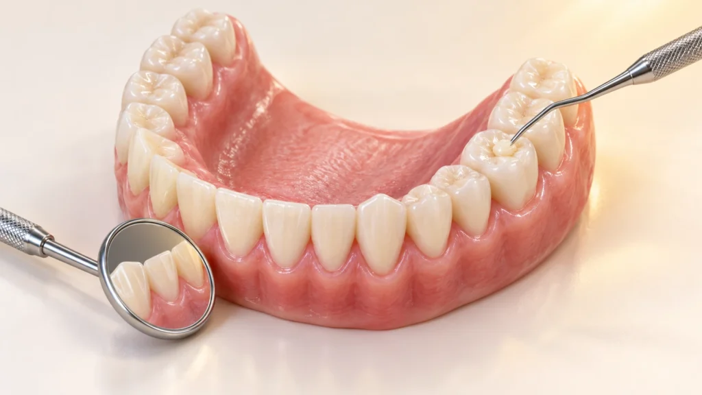 3D view of a lower dental arch on a cream background during a checkup, with a dental mirror and a silver probe at a back tooth.