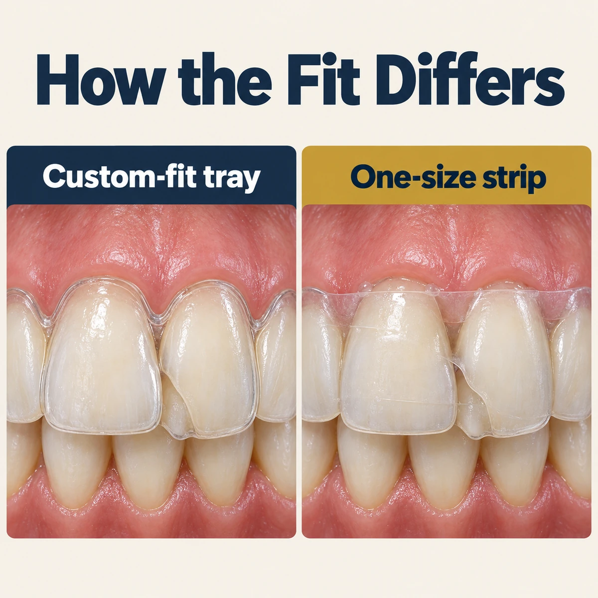 Comparison titled How the Fit Differs with two panels of the same upper and lower front teeth, with two upper teeth overlapping: on the left under a navy header Custom-fit tray, a clear tray shaped around each upper tooth to the gum line; on the right under a gold header One-size strip, a flat clear strip pressed across the upper teeth with its top edge lying on the gum