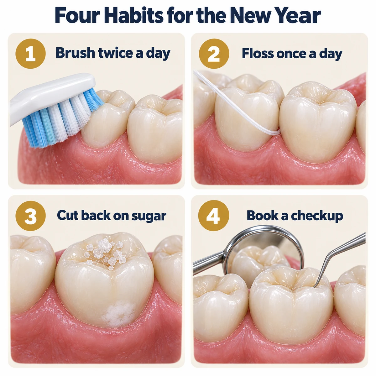 Step infographic titled Four Habits for the New Year with four cream panels and gold numbers: 1 Brush twice a day, a toothbrush head against lower back teeth at the gum line; 2 Floss once a day, white floss curved around a back tooth at the gum line; 3 Cut back on sugar, a lower molar with sugar crystals on top and a chalky white spot near the gum; 4 Book a checkup, a dental mirror and probe examining a lower molar