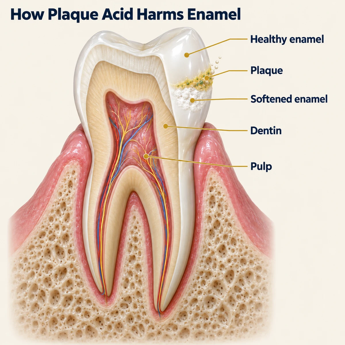 Diagram titled How Plaque Acid Harms Enamel showing a premolar cut in half in pink gum and porous jawbone, with a yellow band of plaque on the outer crown, small bubbles rising from it and a chalky white patch under it, and gold leader lines to the labels Healthy enamel, Plaque, Softened enamel, Dentin and Pulp