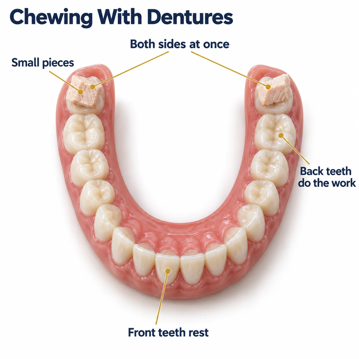 Diagram titled Chewing With Dentures showing a top-down view of a complete lower denture with a small cube of cooked turkey on the back teeth on each side, labelled Small pieces, Both sides at once, Back teeth do the work and Front teeth rest