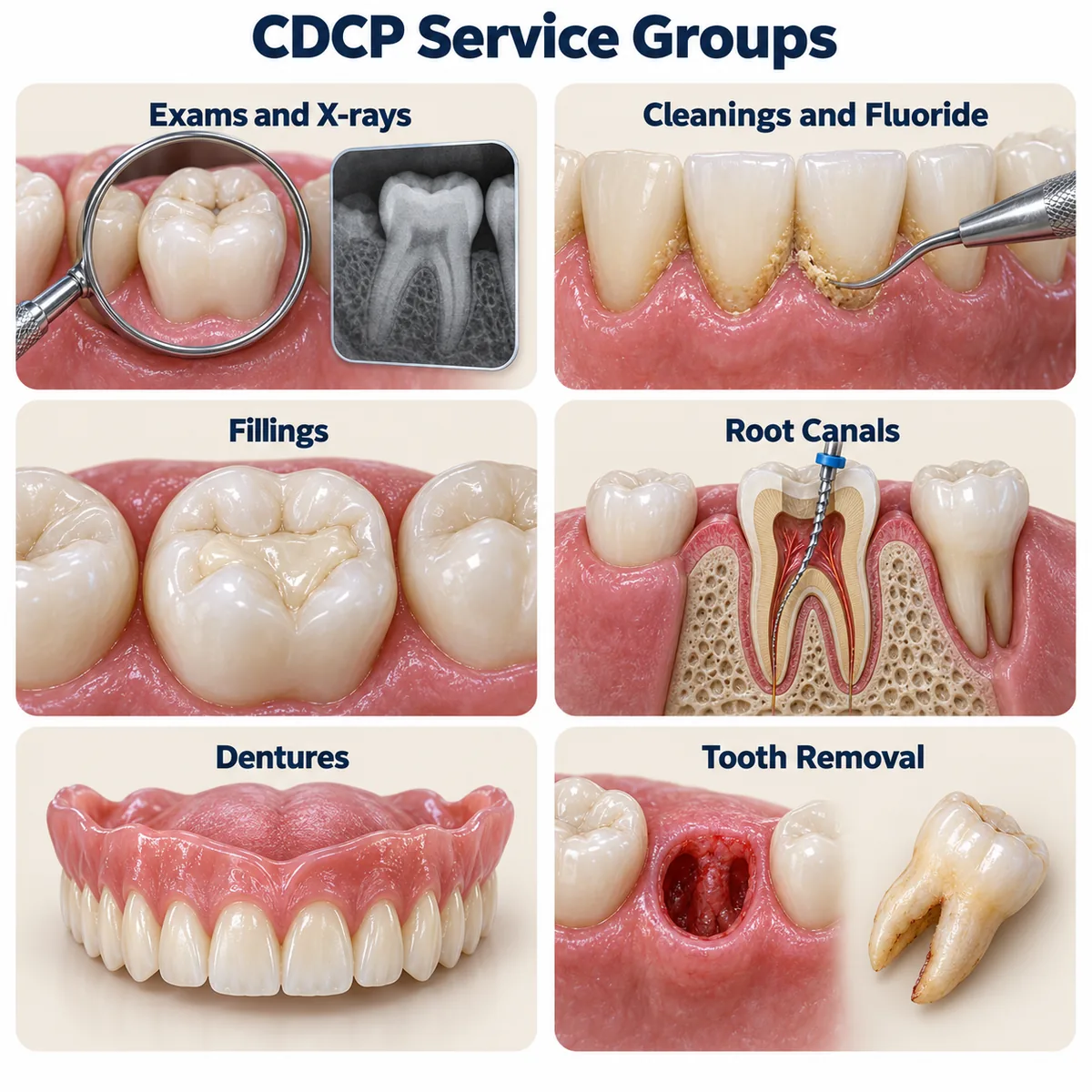 CDCP Service Groups infographic with six cream panels of 3D dental scenes: Exams and X-rays, a molar with a dental mirror and an x-ray; Cleanings and Fluoride, a scaler removing tartar at the gumline; Fillings, a molar with a tooth-coloured filling; Root Canals, a molar cut away with a file in the canal; Dentures, a complete upper denture; Tooth Removal, an empty socket beside the removed tooth.