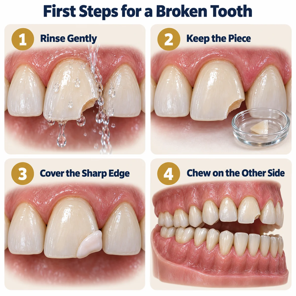 First Steps for a Broken Tooth infographic with four numbered cream panels showing an upper front tooth with a broken corner: 1 Rinse Gently, water rinsing the tooth; 2 Keep the Piece, the broken fragment in a small glass dish; 3 Cover the Sharp Edge, dental wax over the broken edge; 4 Chew on the Other Side, the back teeth meeting away from the broken tooth.