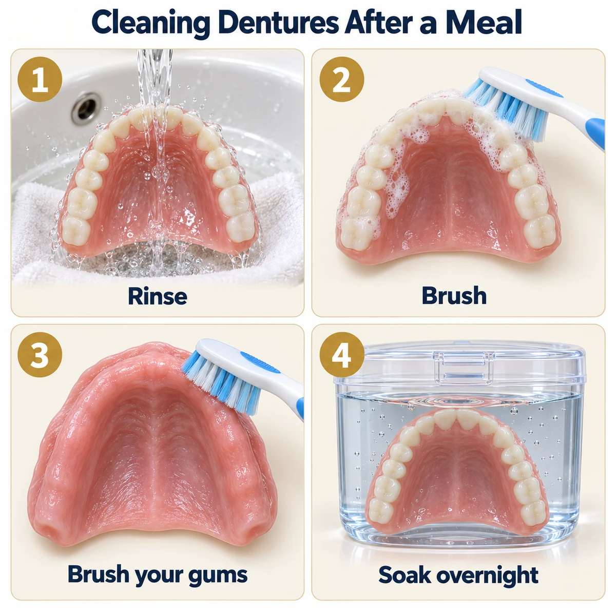 Four-step infographic titled Cleaning Dentures After a Meal: 1 Rinse, an upper denture under running water over a sink with a towel; 2 Brush, the denture brushed with a soft brush and foam; 3 Brush your gums, a soft toothbrush on a toothless upper gum ridge; 4 Soak overnight, the denture under water in a clear lidded case