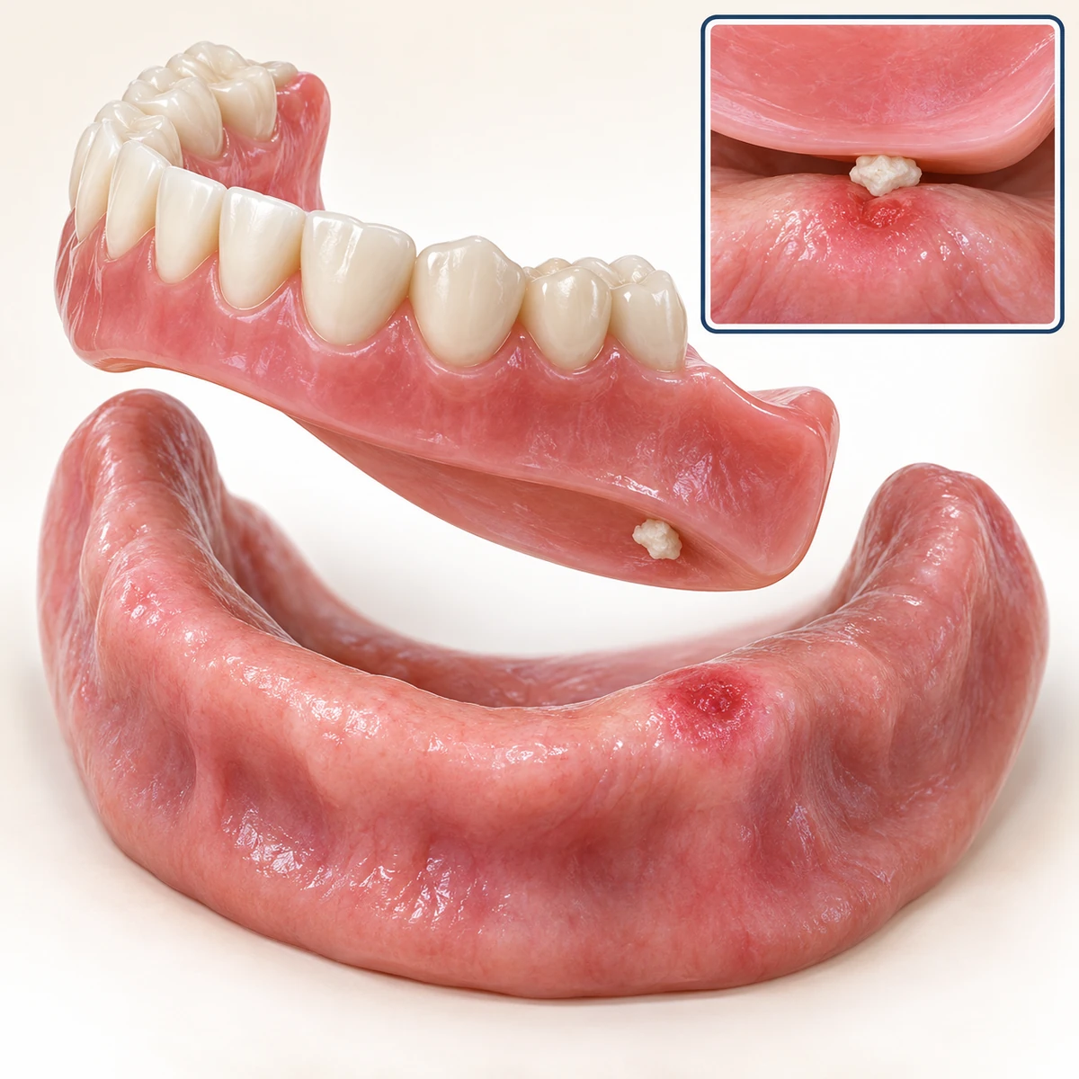 Toothless lower gum ridge with a small red sore spot, a complete lower denture lifted above it with a small white crumb stuck to its underside, and a framed inset at the top right showing a close view of the crumb pressing on the red sore between the denture base and the gum