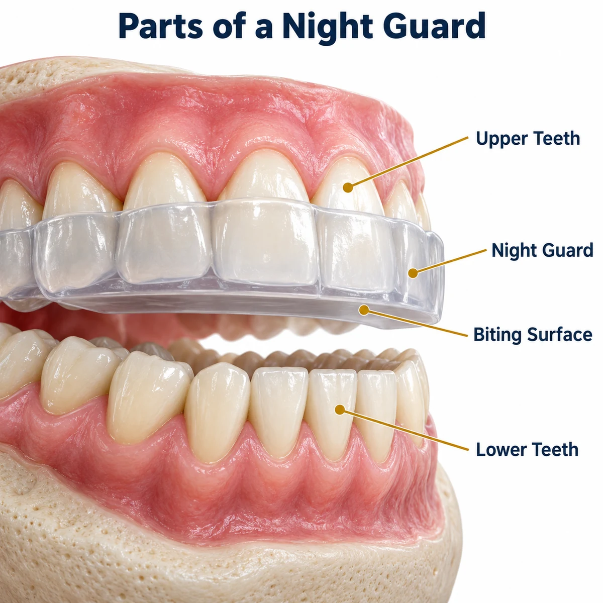 Parts of a Night Guard diagram: a side view of upper and lower teeth with a thick clear night guard over the upper teeth, with gold leader lines to the labels Upper Teeth, Night Guard, Biting Surface and Lower Teeth.
