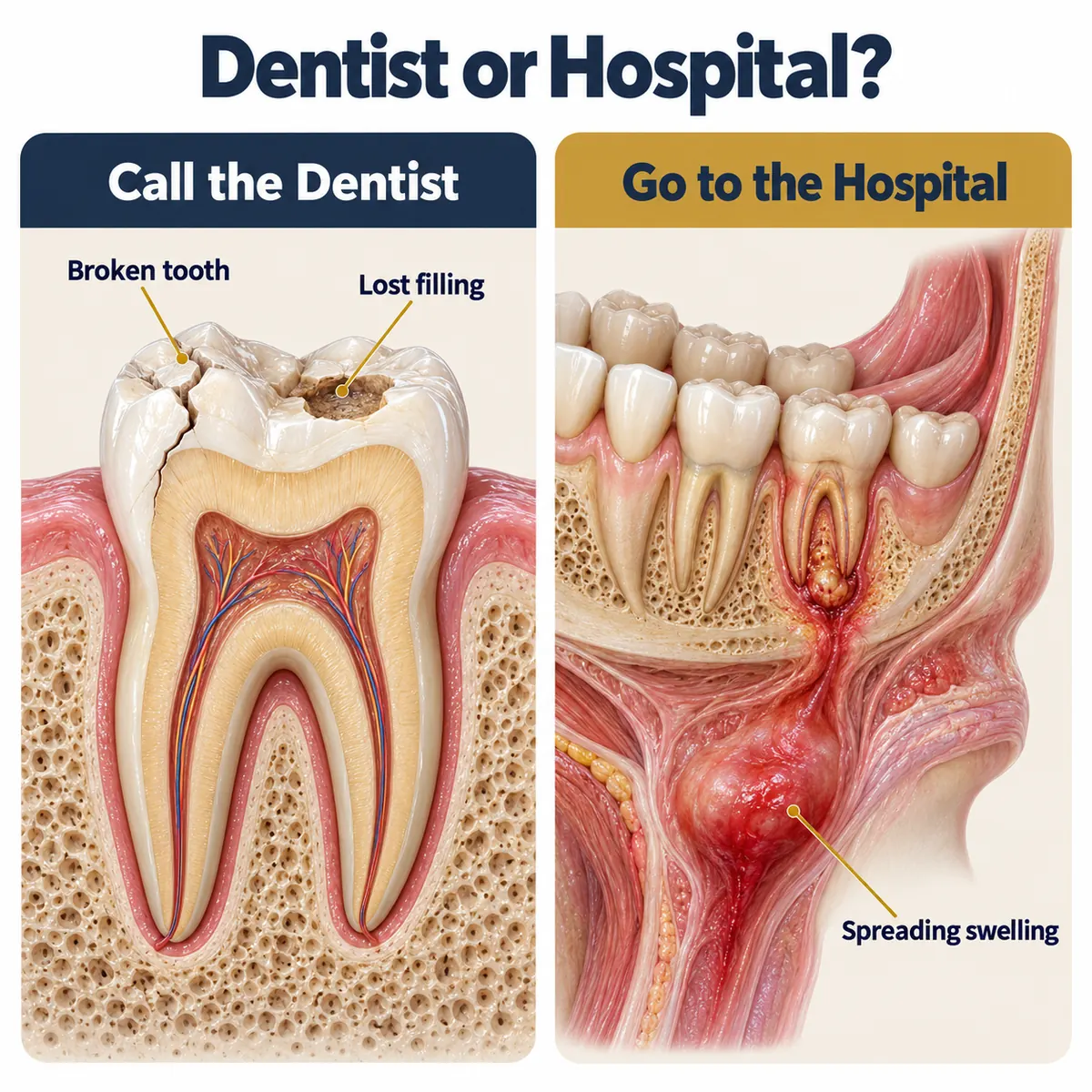 Dentist or Hospital? comparison: left panel Call the Dentist, a cross-section of a molar labelled Broken tooth and Lost filling; right panel Go to the Hospital, a cut-away lower jaw with an infection at a root tip and red swelling spreading toward the neck, labelled Spreading swelling.
