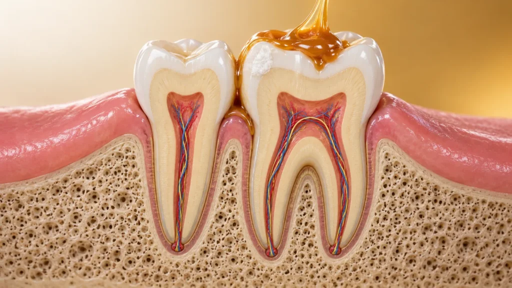 Side cut-away of a lower premolar and molar in pink gum and porous jawbone, with sticky golden caramel on top of the molar running down into the gap between the two teeth and a chalky white spot on the molar's enamel, on a cream to gold background