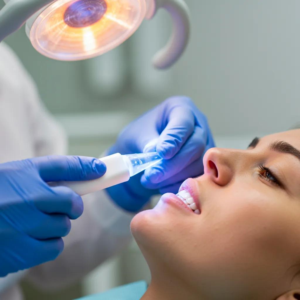 Dental professional applying hydrogen peroxide gel during in-office whitening